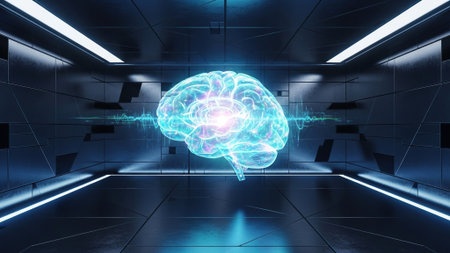 Dark futuristic empty room with glowing human brain interface. 3D Rendering