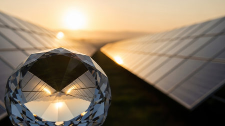Close up of a diamond shaped object with solar panels in the background.の写真素材