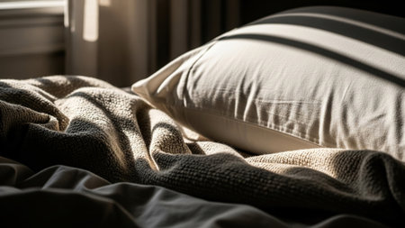 Cushion and blanket on bed with sunlight in the morning.の写真素材