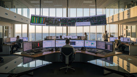 View of the interior of an office with multiple people working at computer stations.
