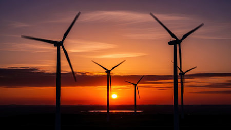 An image of windturbines at sunset in Pozuelo de Aragon
