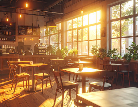 Coffee shop interior with tables and chairs. 3d rendering