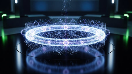 Glowing circle network hologram on dark background. 3D renderingの写真素材