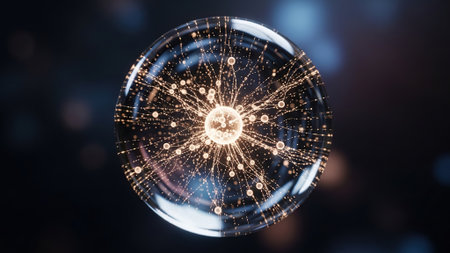 Futuristic crystal sphere with glowing connections and dots. 3D renderingの写真素材