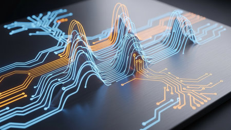 Vibrant circuit board design with glowing blue and orange linesの写真素材