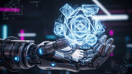 View of a Cyborg hand holding a hologram of an artificial intelligence interface - 3d rendering