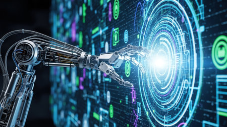 3D rendering robot hand touching virtual hologram screen with binary code