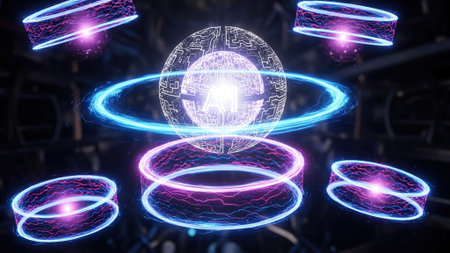 Glowing hologram sphere with circuit on dark background 3D rendering