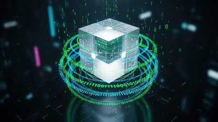 Digital binary code hologram over server room background 3D rendering toned image double exposure