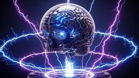 3D illustration of a human skull surrounded by electric lightning on a dark background