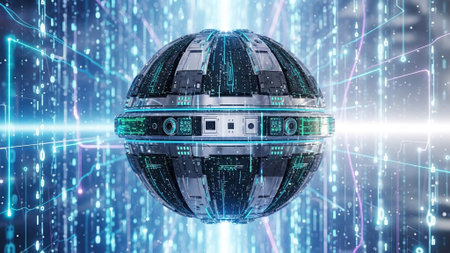 Glowing hologram sphere with digital binary code on blue background 3D rendering
