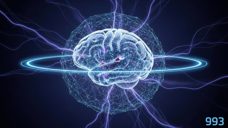 3D illustration of a human brain on a dark background with a luminous sphere. The concept of...