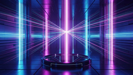 3d rendering. Futuristic blue and purple tunnel with glowing neon lights.