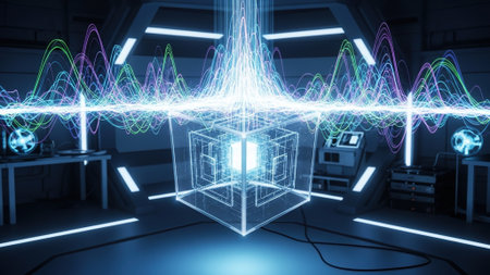 Glowing hologram cube interface on dark blue background 3D rendering