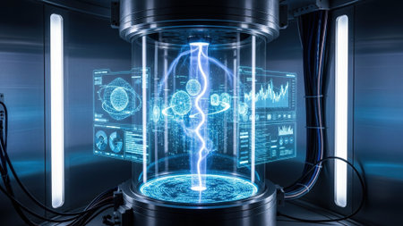 3D rendering of a medical test tube with a holographic background