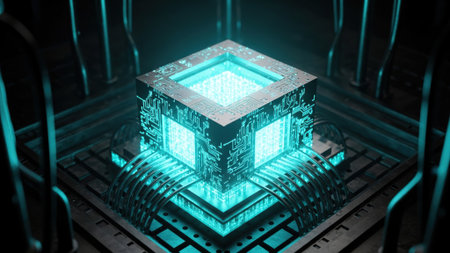 3D rendering of a futuristic server room with circuit board and binary code