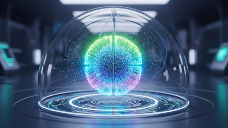 Glowing hologram sphere on dark background 3D rendering