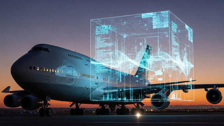 3D rendering of an airplane with a hologram of a binary code