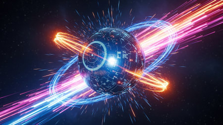 Glowing sphere with glowing lines over dark background. 3D renderingの写真素材