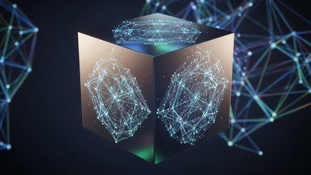 Digital cube with connection lines and dots on dark background 3D rendering