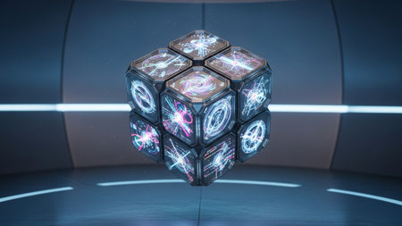 Futuristic 3d rendering of a cube made of cubes with glowing lights inside