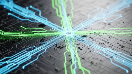 Circuit board with microchips and connections. 3d renderingの写真素材