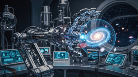 Cyborg hand on blurred background 3D renderingの写真素材