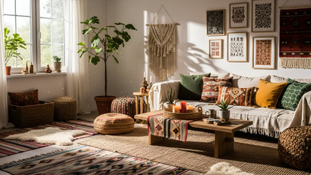 Interior of a modern living room with sofa, pillows and plantsの写真素材