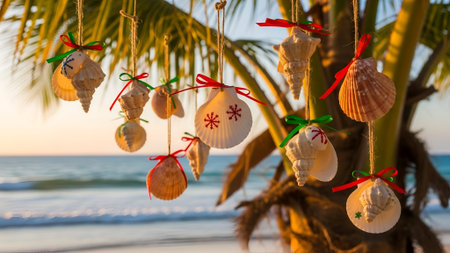 Seashells hanging on a palm tree against the background of the sea
