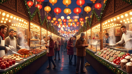 Christmas market in Europe. People buying food at the Christmas market.