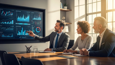Business people working together in conference room. Businessman pointing at monitor with financial...