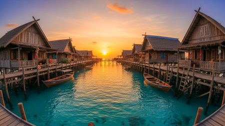 Wooden houses on stilts in the middle of the sea at sunset.