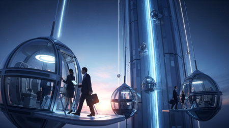 Business people in elevator against blue sky with clouds 3d rendering.