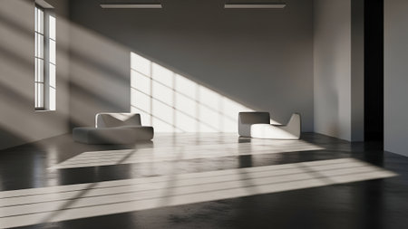 Interior of modern bright living room with gray walls, concrete floor, white sofa and window with...