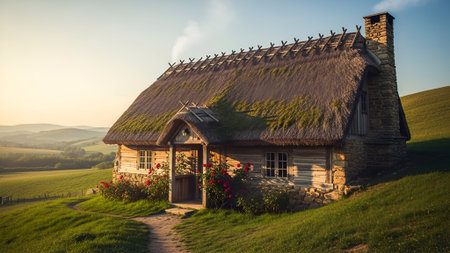 Old traditional ukrainian house in the countryside at sunrise.の写真素材