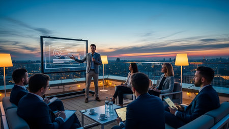 Business people working and discussing at business meeting, in office with panoramic modern city...