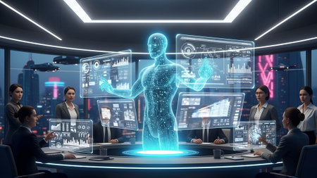 Silhouettes of business people working together in modern office with hologram projection 3D...