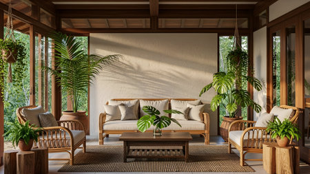 Interior of a living room with a sofa, armchairs and plants. 3d rendering