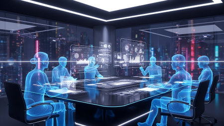 3d rendering of people in meeting room with virtual projection on screen