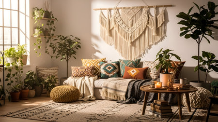 Interior of modern living room with sofa, pillows and plants