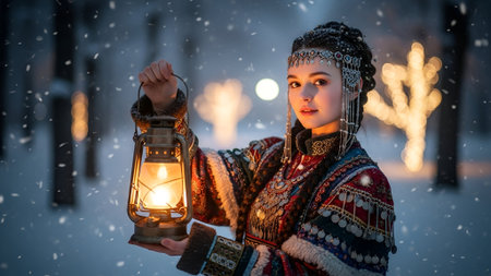 Beautiful young woman with a lantern in the snowy winter city.