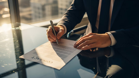 Cropped image of businessman signing contract at table in office. Businessman signing document.