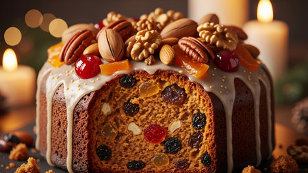 Delicious Christmas cake with nuts and candied fruits on table, closeup