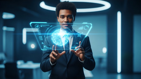 Business, Technology, Internet and network concept. Young businessman working on a virtual screen of...