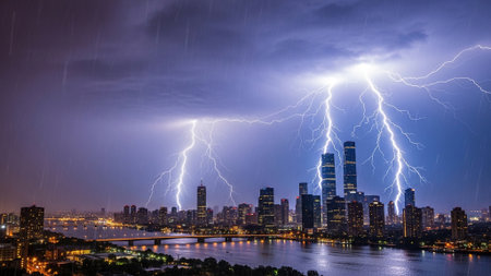 Lightning over the city at night. Shot in Shanghai, China.
