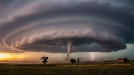 A thunderstorm over an agricultural field in the late evening light.
