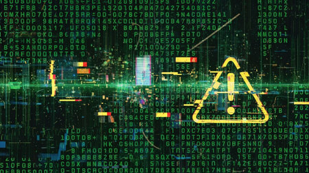 Cyber security concept with warning sign and binary code. 3D Rendering