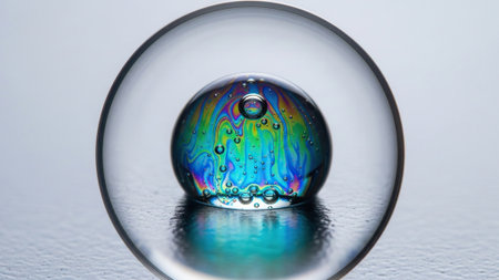 Macro shot of a crystal ball with colorful reflections on the surface.