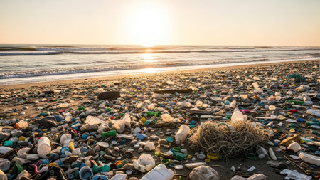 Plastic garbage on the beach at sunset. Concept of environmental pollution.の写真素材