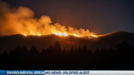 Forest fire in the mountains at night. Fire in the mountains.の写真素材